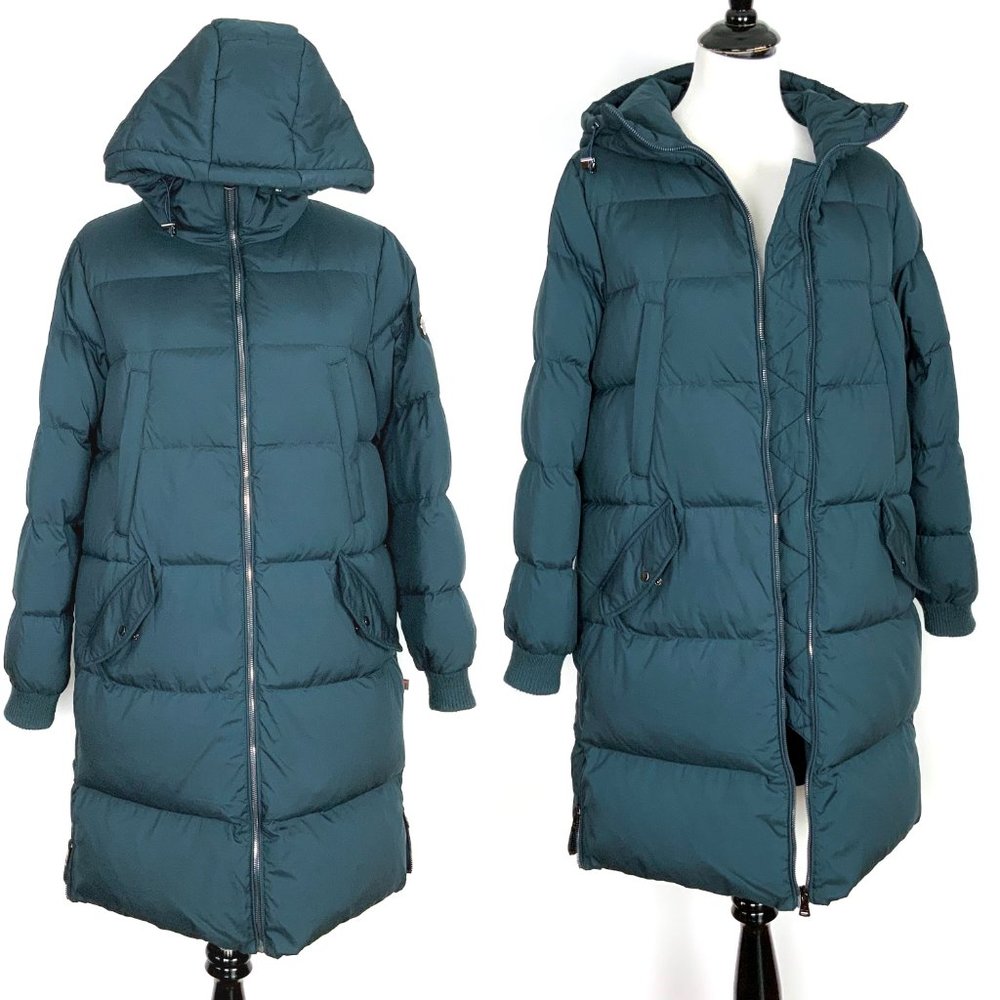 New Bernardo Long Puffer Coat Filled 54% Down & 4% Feather In Navy/Teal  Size M